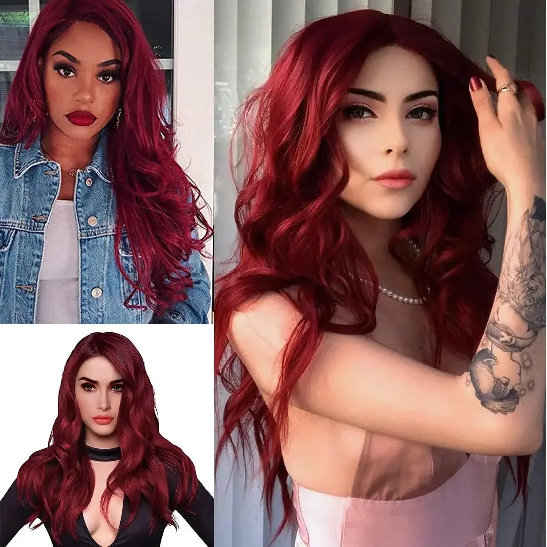 Peruka syntetyczna w kolorze burgundowym, damska, z przedziałkiem na środku, naturalne duże fale, długie kręcone włosy, do codziennego użytku, cosplay, odporna na wysokie temperatury, wykonana z jedwabiu.