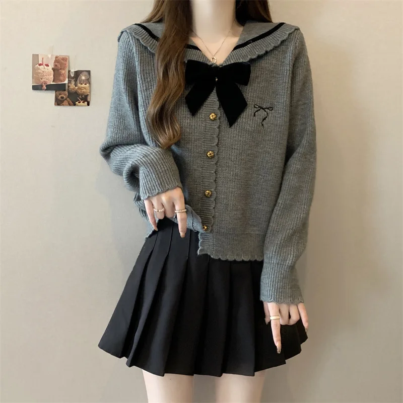 Doce camisola de malha cardigan casaco gola marinha nó macio plus size faculdade sle primavera outono thiened cordeiro veludo