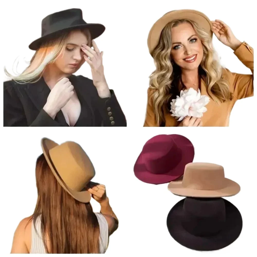 قبعات فيدورا مسطحة للنساء بلون سادة قبعة صوفية تقليد أنيقة بريطانية واسعة الحافة قبعات للسيدات قبعات الرامي فيدورا #3