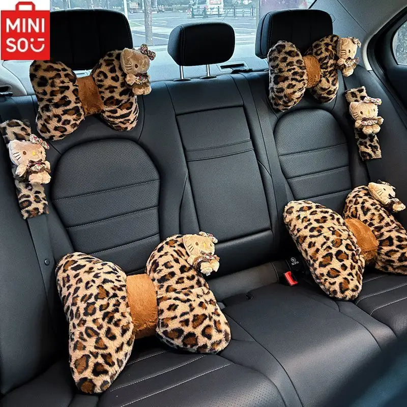 

MINISO HelloKitty Car Plush Neck Pillow Seat Belt Shoulder Cover Leopard Print Kitty Headrest Waist Support Car Decoration