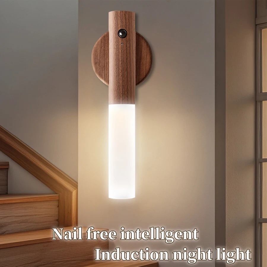 LED Night Light Human Sensor Wireless Magnetic Wood Wall Lamp Bedside Lighting Portable Kitchen Bedroom Cabinet Closet Light