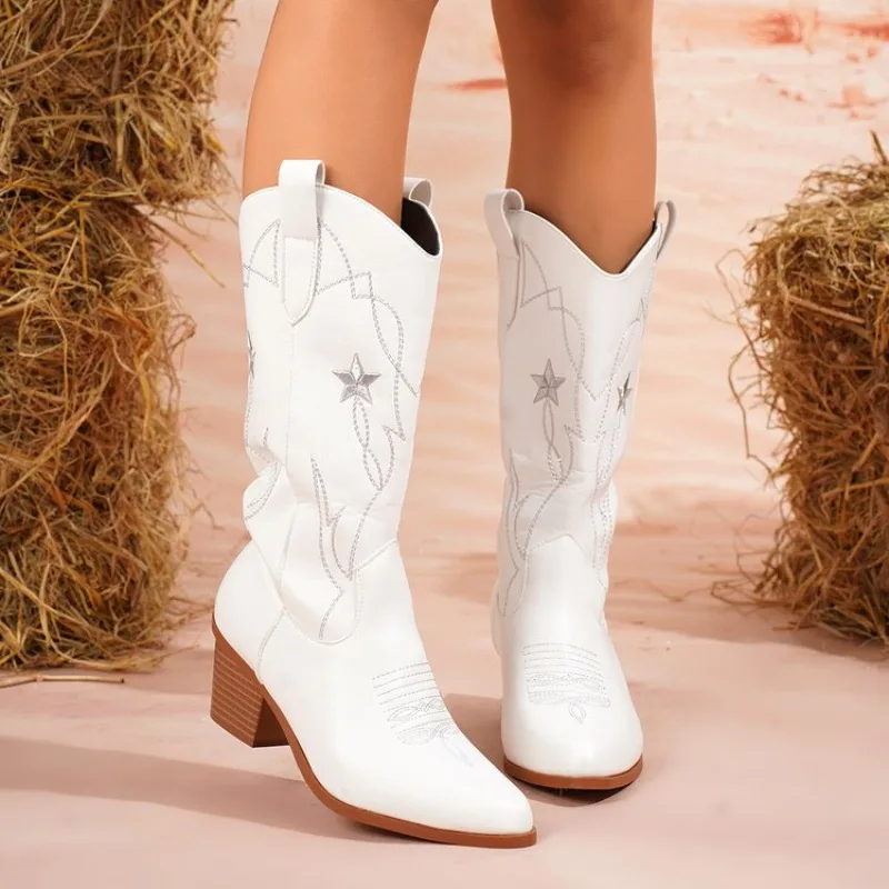 Women's Boots Mid-Calf Pointed Toe Mid Block Heel Western Style Leather-Look Slip-On Star Embroidery Detail Casual Footwear 2026 - view 6