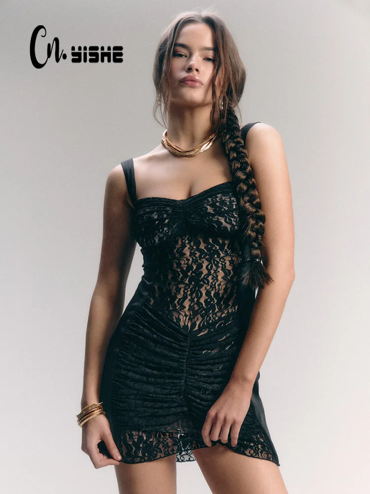 

CNYISHE Lace Sheer Camisoles Hip Wrap Fashion Outfits Solid Women Dresses Sexy Clubwear Trendy Party Female Bodycon Summer Slim