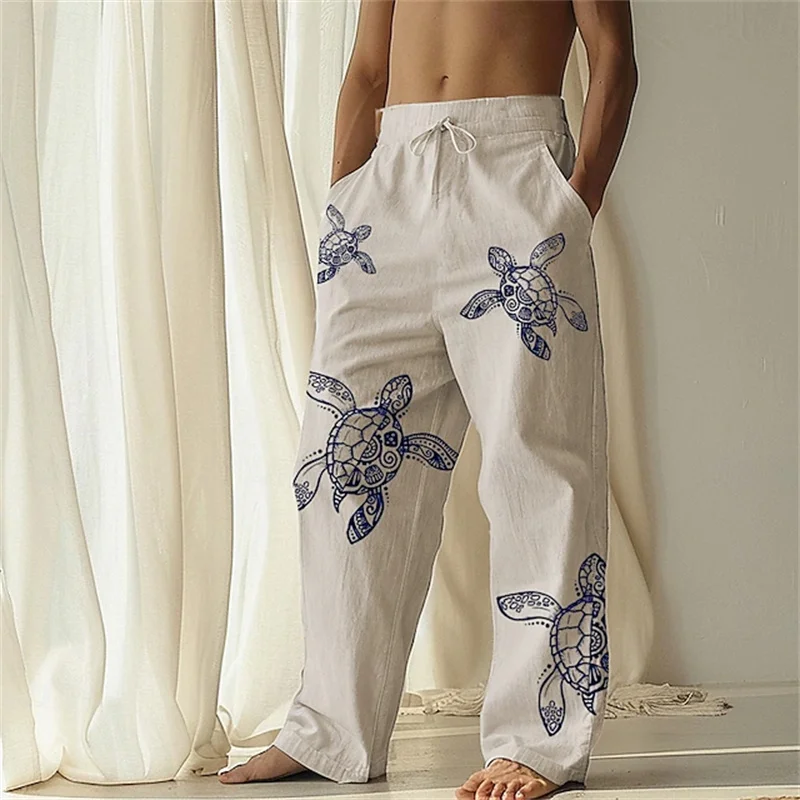 Men's Summer Beach Pants Loose-Fit Wide-Leg Pants with 3D Sea Turtle Print and Drawstring Design Plus-Size Casual Vacation Pants