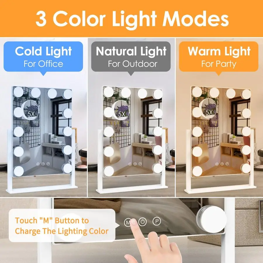 Mirror with Lights, Hollywood Lighted Makeup Mirror with 3 Color Lighting Modes and 12 Dimmable Bulbs, Detachable 5X Magnificati