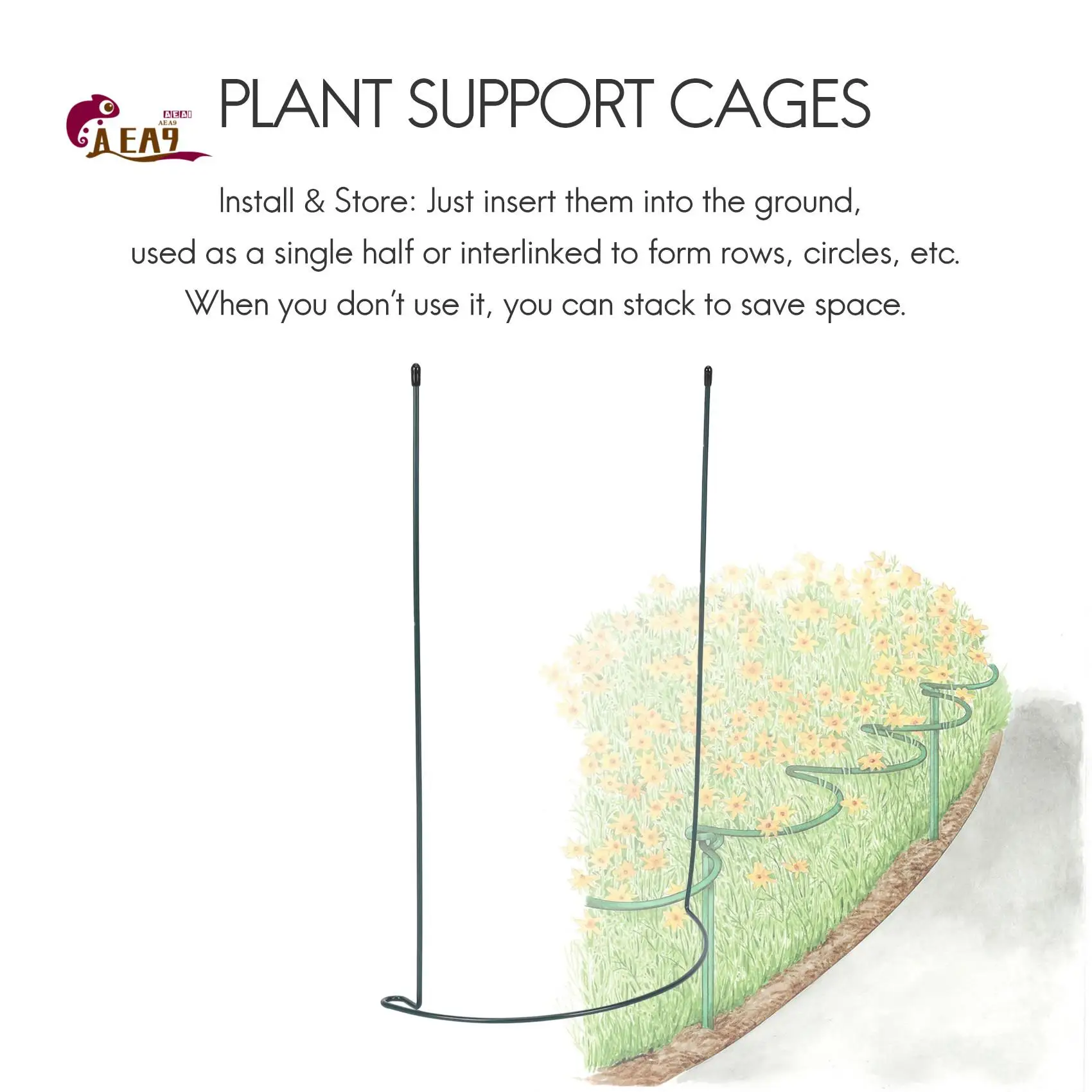 AEA9-Plant Support Stake, 8-Pack Half Round Metal Garden Plant Supports, Green Garden Plant Support Ring, Garden Border