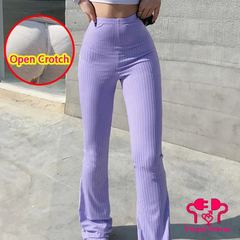 Women's Open Crotch Leggings Hidden Zippers Slim Fitness High Waist Capris Pants Streetwear Fashion Crotchless Clubwear