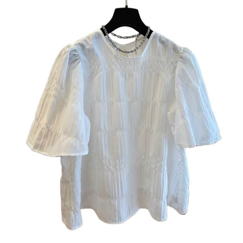 2024 Summer New White Pleated Shirts Women Fashion O Neck Solid Color Short Sleeve Blouse Puff Sleeve Casual Loose Tops Mujer