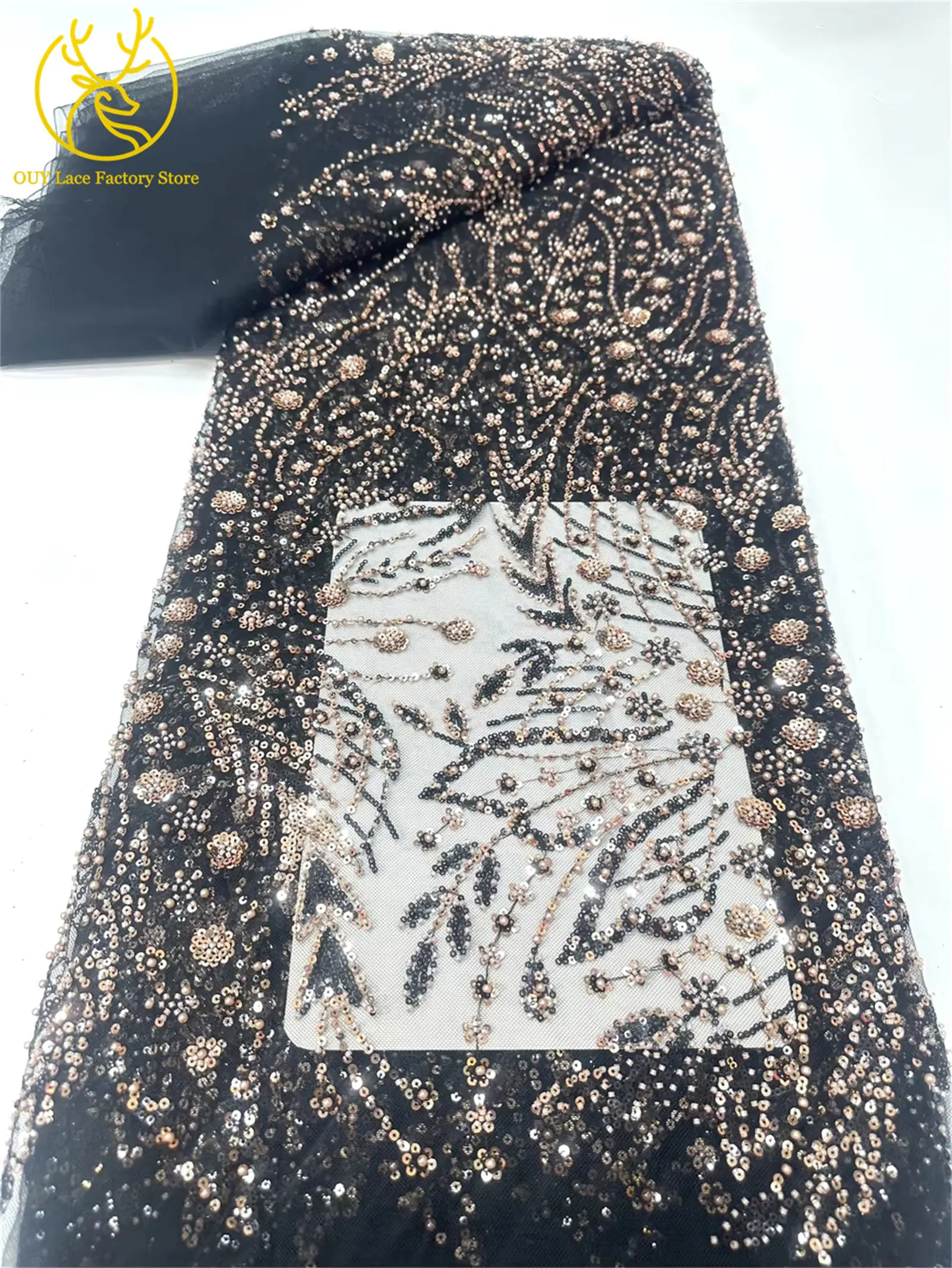Afrikanischer Spitzenstoff, 5 Yards, hochwertiger nigerianischer Spitzenstoff mit Perlen und Pailletten, französische Tüllspitze zum Nähen von Hochzeits- und Partykleidern – Detail 23