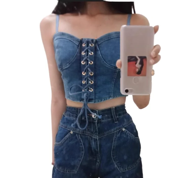 

Bow Tie Drawstring Short Denim Camisole Women's New Style with A Small Chest Wrapping Vest