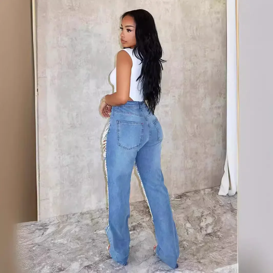 Ripped Jeans for Women Straight Pants Diamonds Chain Stretch Distressed High Waist Floor Length 2026 Streetwear Denim Trousers