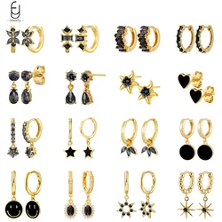 925 Sterling Silver Needle Luxury Black Crystal Heart Stud Earrings for Women Fashion Geometry Gold Earrings Trend Jewelry Gifts