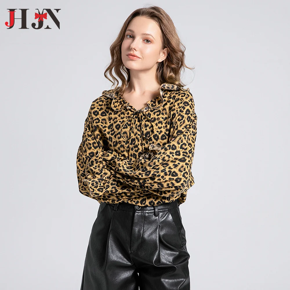 JHJN Casual Women Shirt Leopard Print T-Shirts Lotus Leaf Edge Pullovers Lace Up Tops Sexy Shirts & Blouses Slim Fit Outerwear