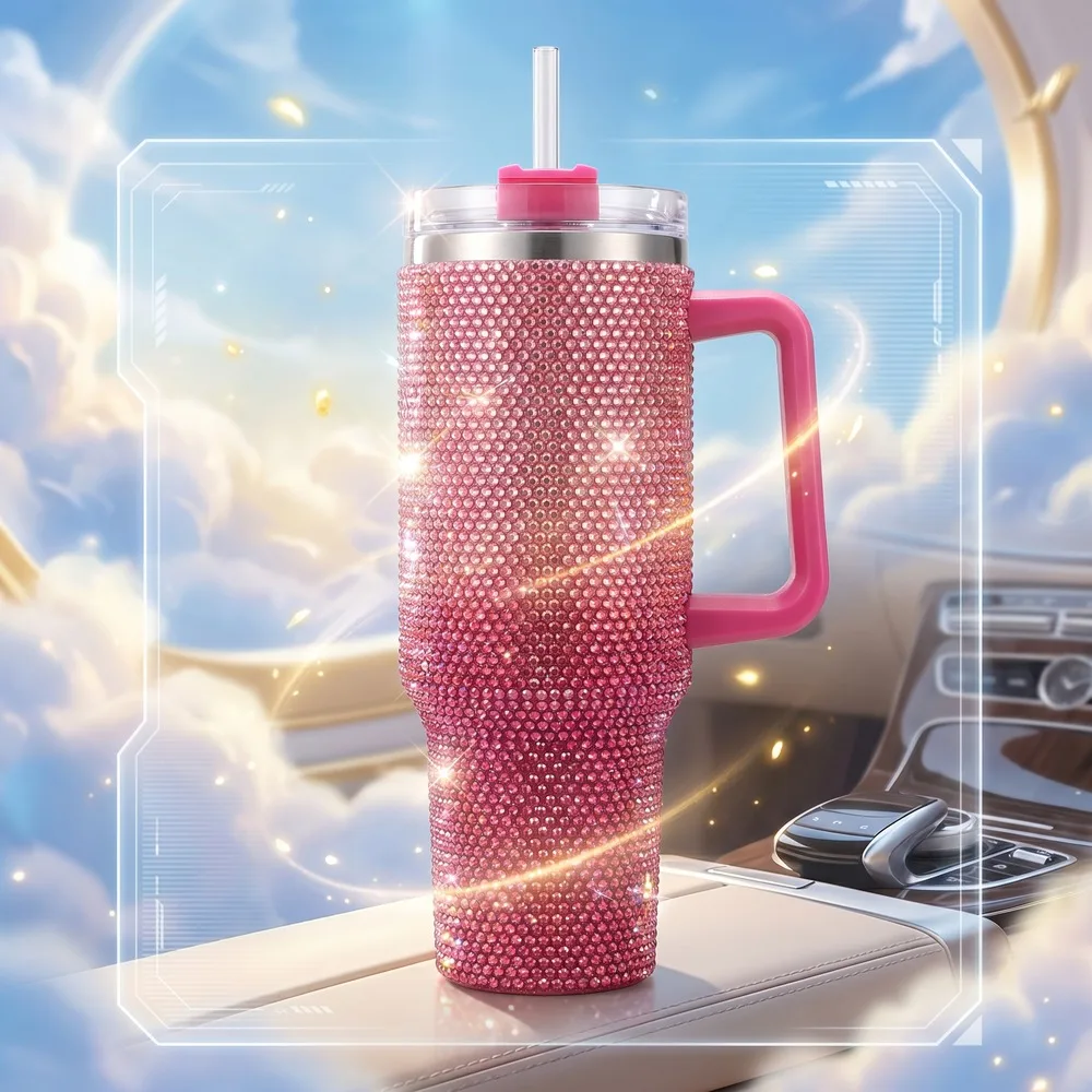 40oz Rhinestone Tumbler Shiny Diamond Travel Cup Straw Mug Insulated Coffee Water Bottle Car Drinkware Gift With Lid Straw Cup