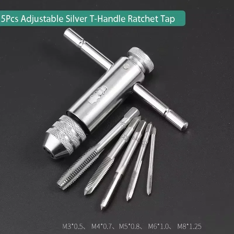 T-Handle Ratchet Tap Reamer Manual Holder Wrench Ratchet Tap Holder Wrench Tools with 5pcs M3-M8 3mm-8mm Machine Screw Thread