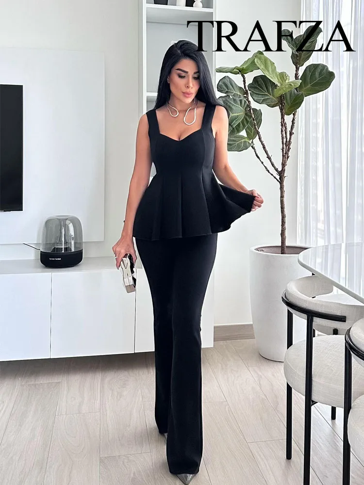 

TRAFZA Women Casual Pants Suit Chic Hem Folds Solid Sleeveless Slim Wide Shoulder Strap Top+High Waist Elasticity Flare Trousers