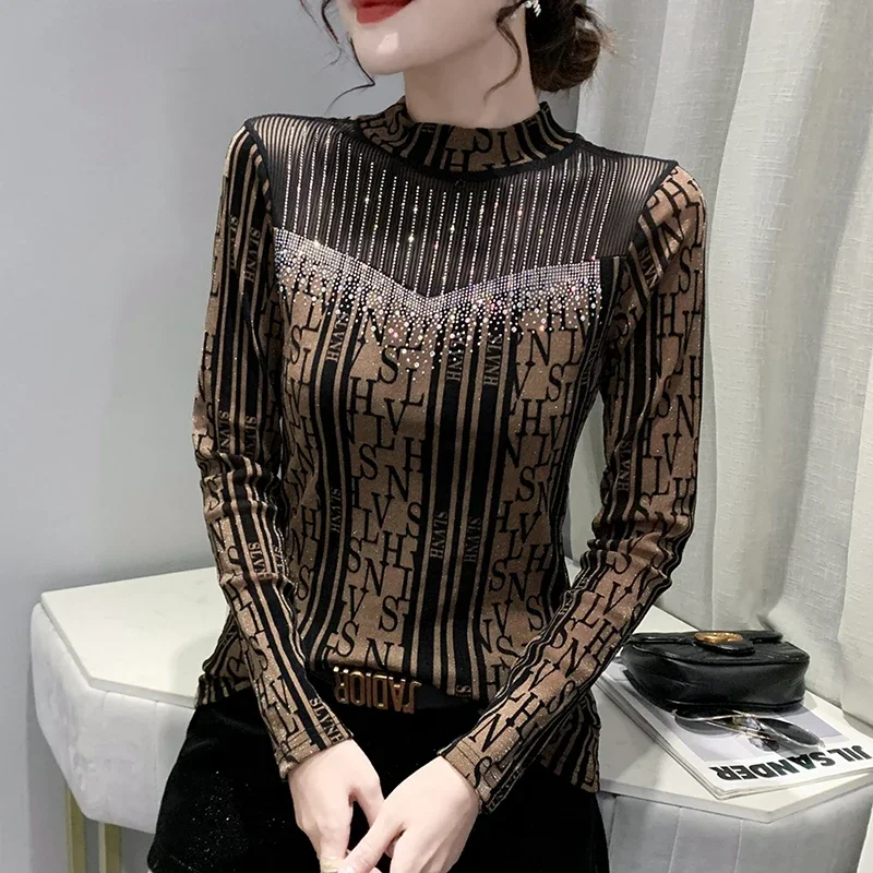 

European Style Girls Sexy See Through Mesh Spliced T-shirt Women Clothes Ladies Fashion Vintage Tops Female Clothing PAS5007