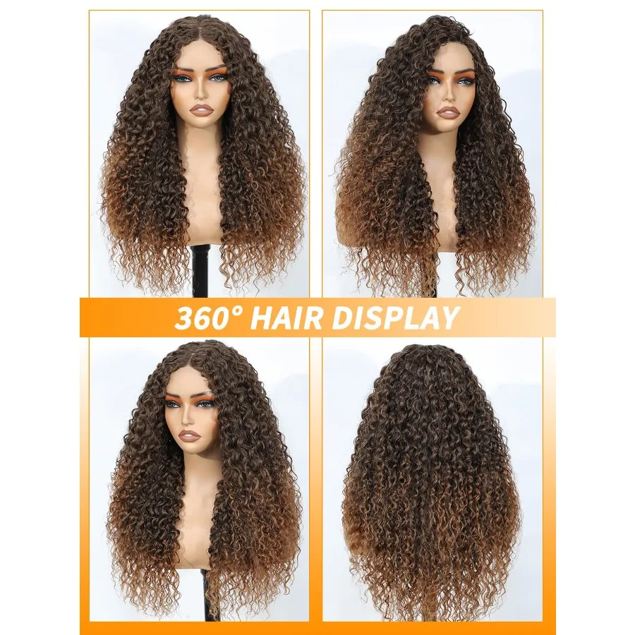 أومبير براون مجعد شعر مستعار اصطناعي 24 بوصة غلويليس مجعد الاصطناعية الدانتيل شعر مستعار أمامي ترقية مع شعور الشعر البشري الألياف موجة عميقة