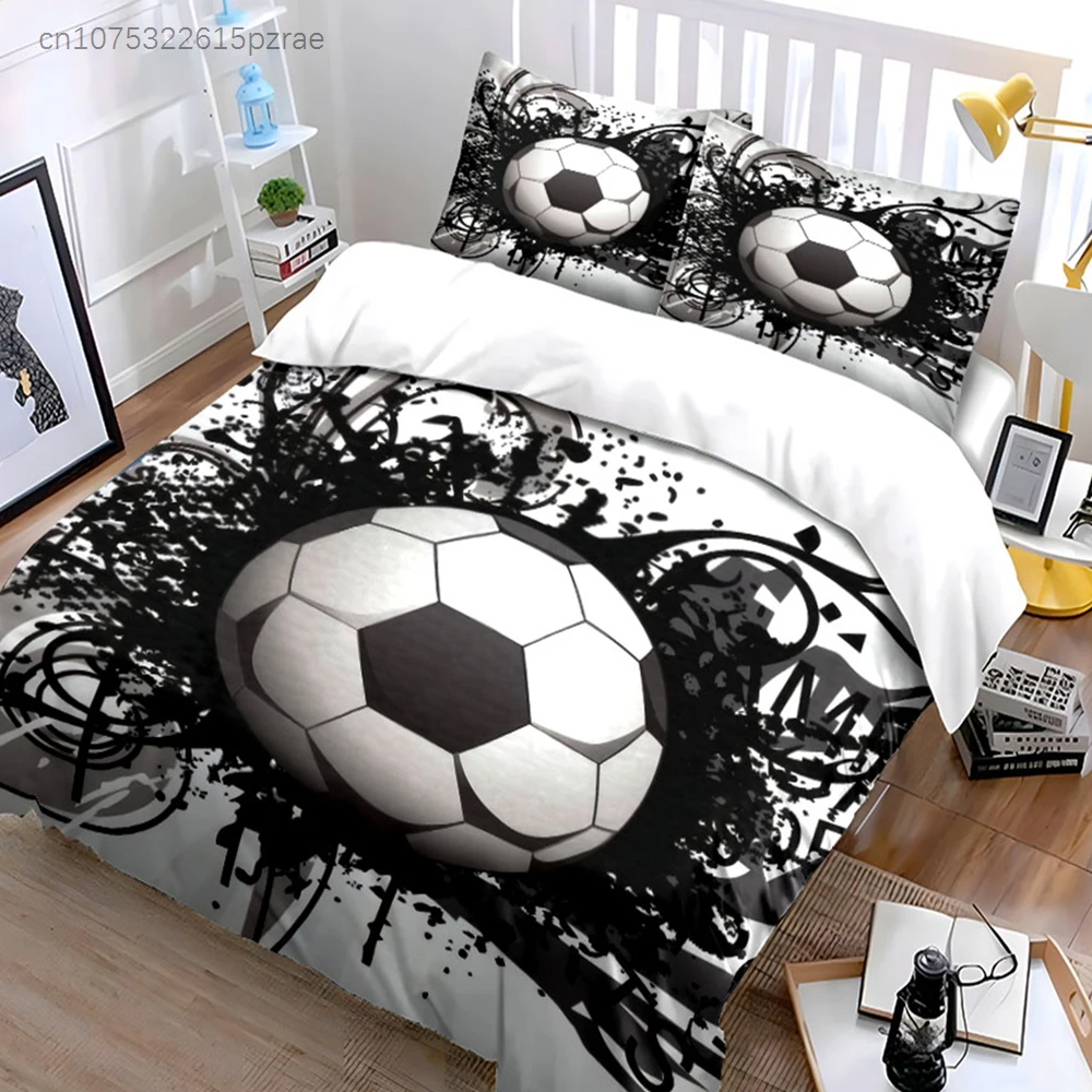Black And White Grunge Soccer Ball 3PCS Bedding Set Soft Microfiber Duvet Cover Pillowcase Set For Cool Sports Fans Bedroom