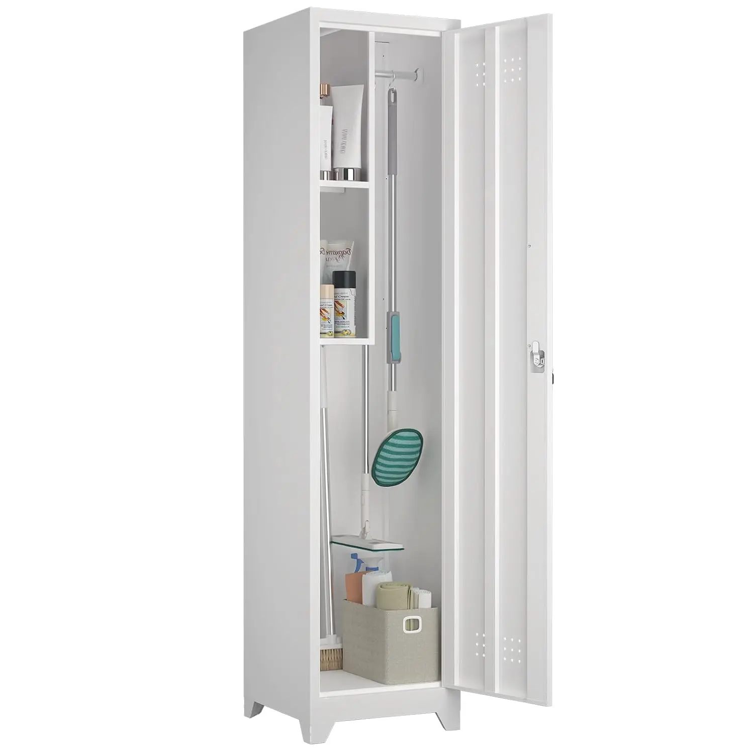 Slim Broom Storage Cabinets, Metal Cabinet with Shelves and Hanging Rod, 15.75