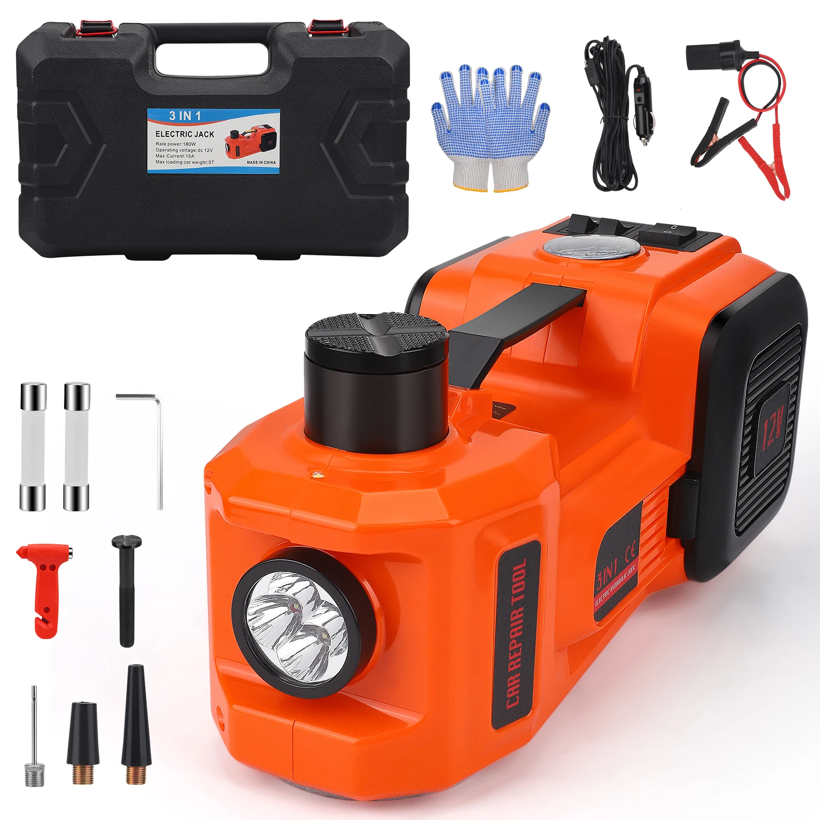 3 In1 Electric Hydraulic Floor Jack 5T, 12V 180W Car Lifting Kit With Inflatable Pump And LED Light, 150-540mm Jack