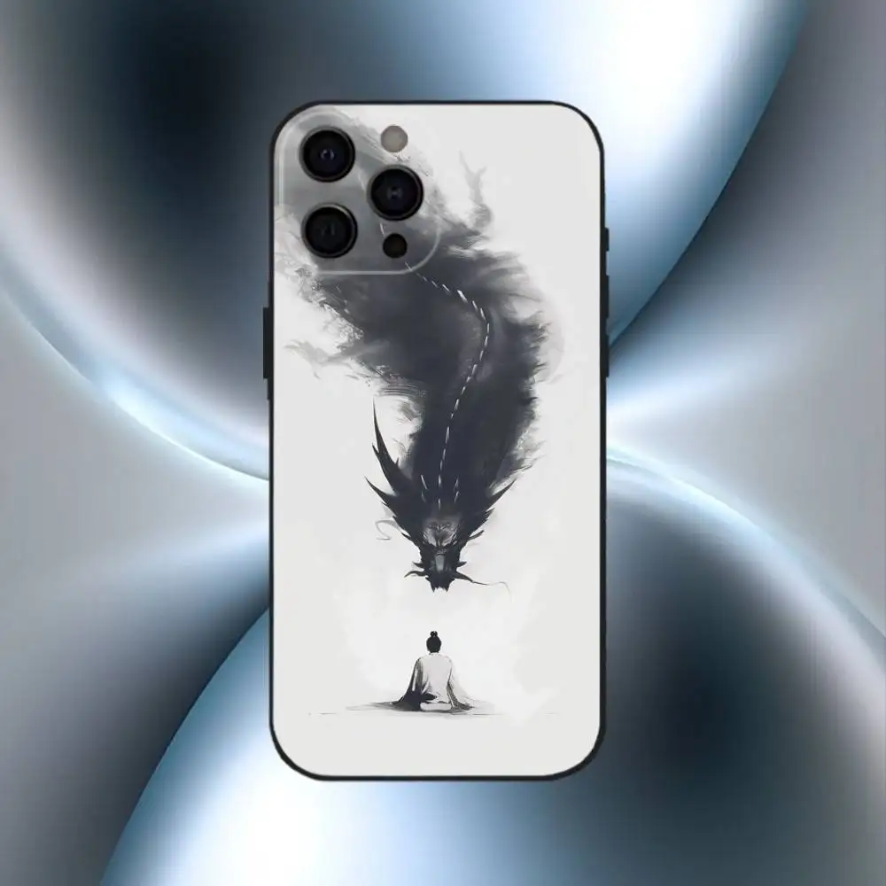 Dragon Pattern Ink Brush Painting Phone Case For iPhone17,16,15,14,13,12,11 Plus,Pro Max Soft Black Cover