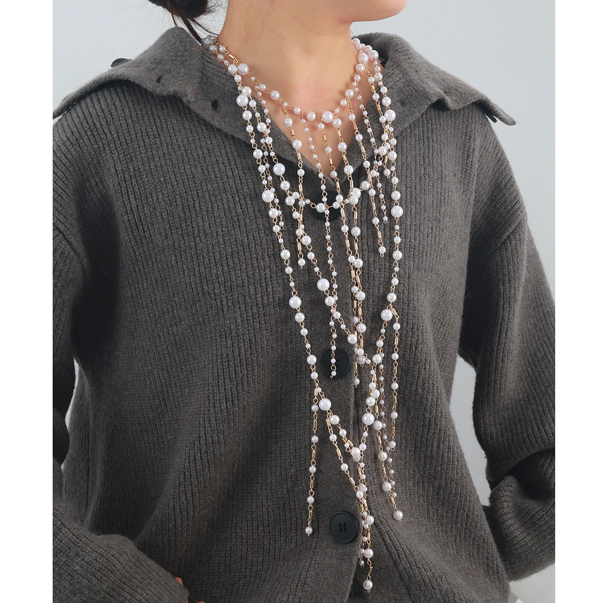 

ZAA New Trendy Multilayer Imitation Pearl BeadsTassels Waterfall Necklace for Women Exaggerated Jewelry for Party Banquet