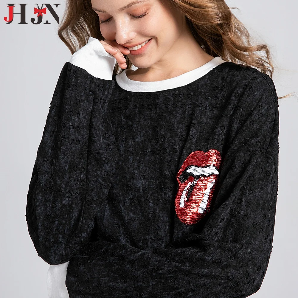 JHJN New Woman Hoodies Casual Loose Hoody Solid Color Patch Designs Sweatshirt Hole Manual Distressed Tracksuit Chest Sequin Top