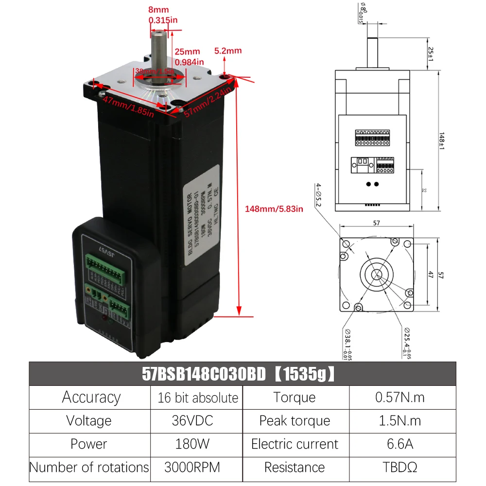 Silnik serwo DC 16-bitowy JSV57 3000 obr./min 90/140/180W DC 36V Nema 23 zintegrowany, 180W