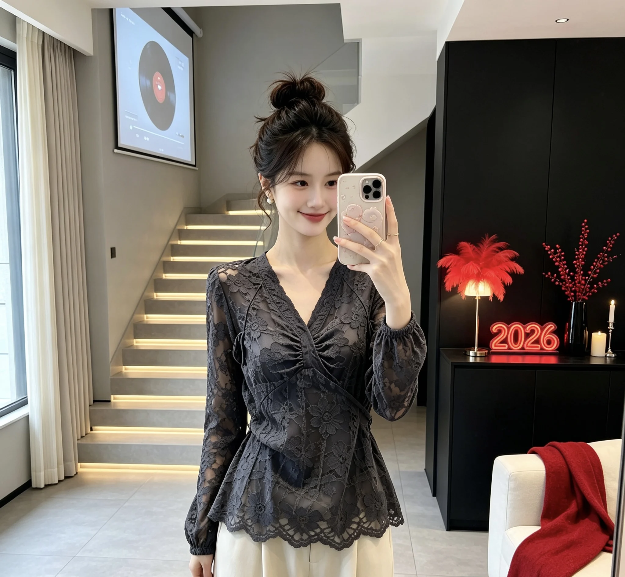 Grey Lace Top Women's Cross Design Commute Style Gentle Feeling High-End Sensation Loose Fit Long Sleeve V-Neck Polyester Shirt 2