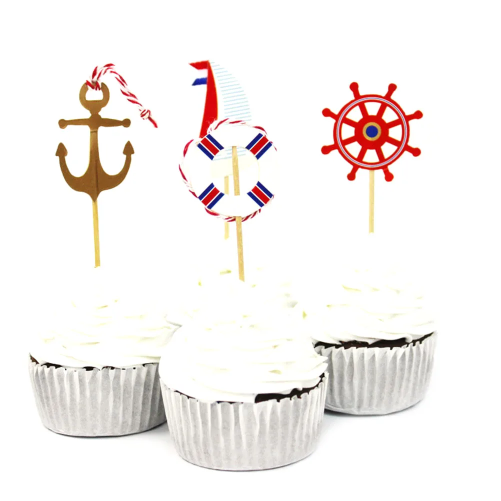 

24pcs Nautical Cake Toppers Sailing Theme Birthday Party Picks Cupcake Decorations Sailboat Anchor Stylish
