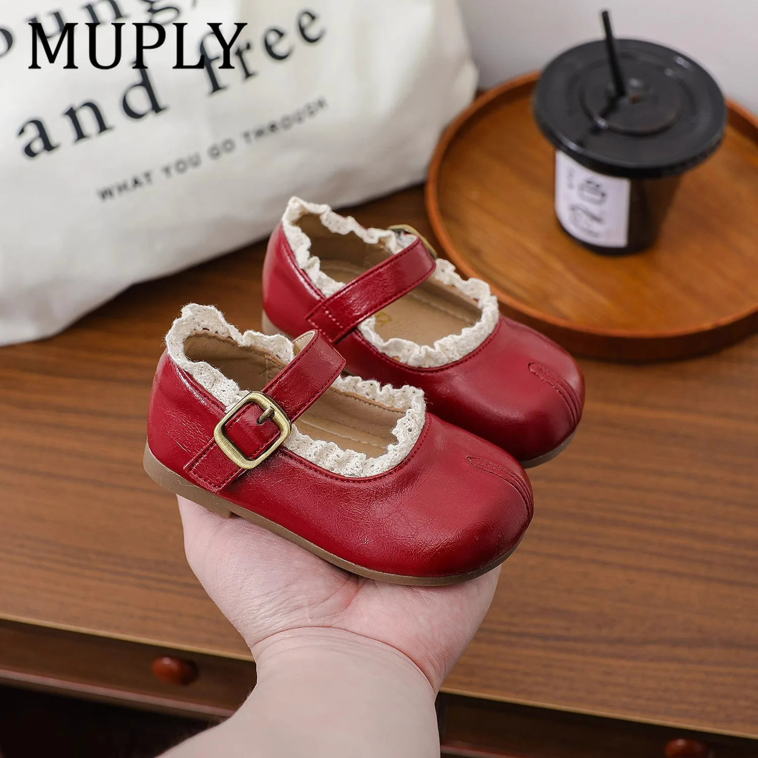 Spring Autumn Children's Leather Shoes New Simple Toddlers Ballet Girls Fashion Shoes Wine Red Versatile Ruffled Edge Kids Flats