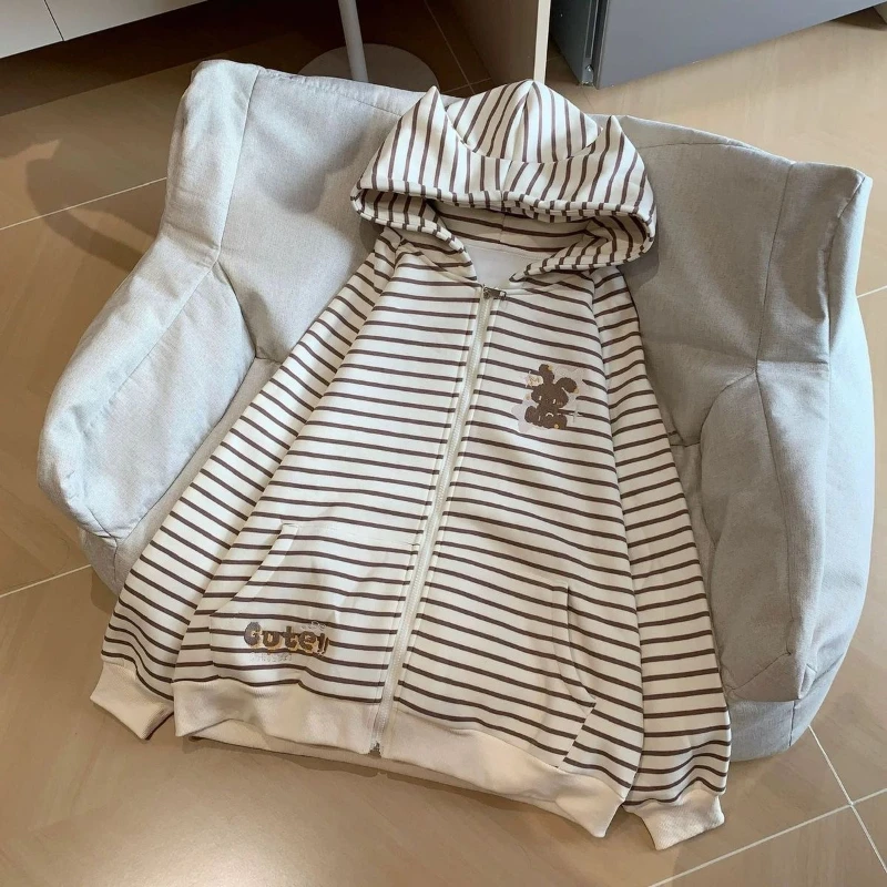 Japanese Kawaii Cat Ears Long Sleeve Hoodie Women Sweet Casual Striped Sweatshirt Zipper Cartoon Embroidery 2025 Autumn view 5