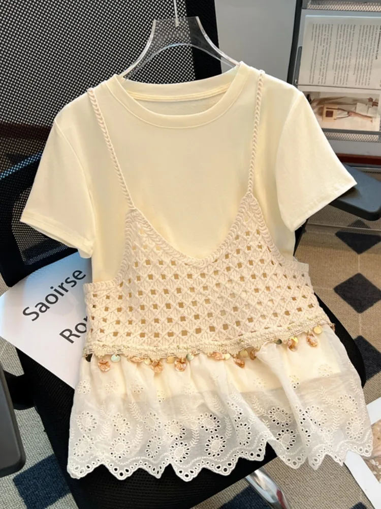 

Pure Cotton ort Sve T-irt Women's n Sle Lace Splicing Hollow out Strap Vest Two-Piece Set Korean Sle Loose Fit