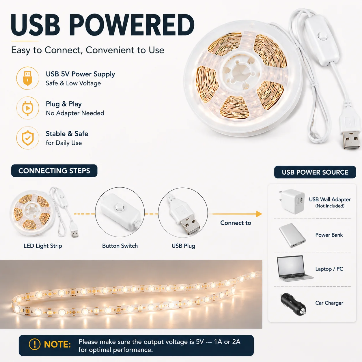 LED light strip, push-button control switch, cool white/warm white. USB powered, perfect for room decor and holiday decorations.