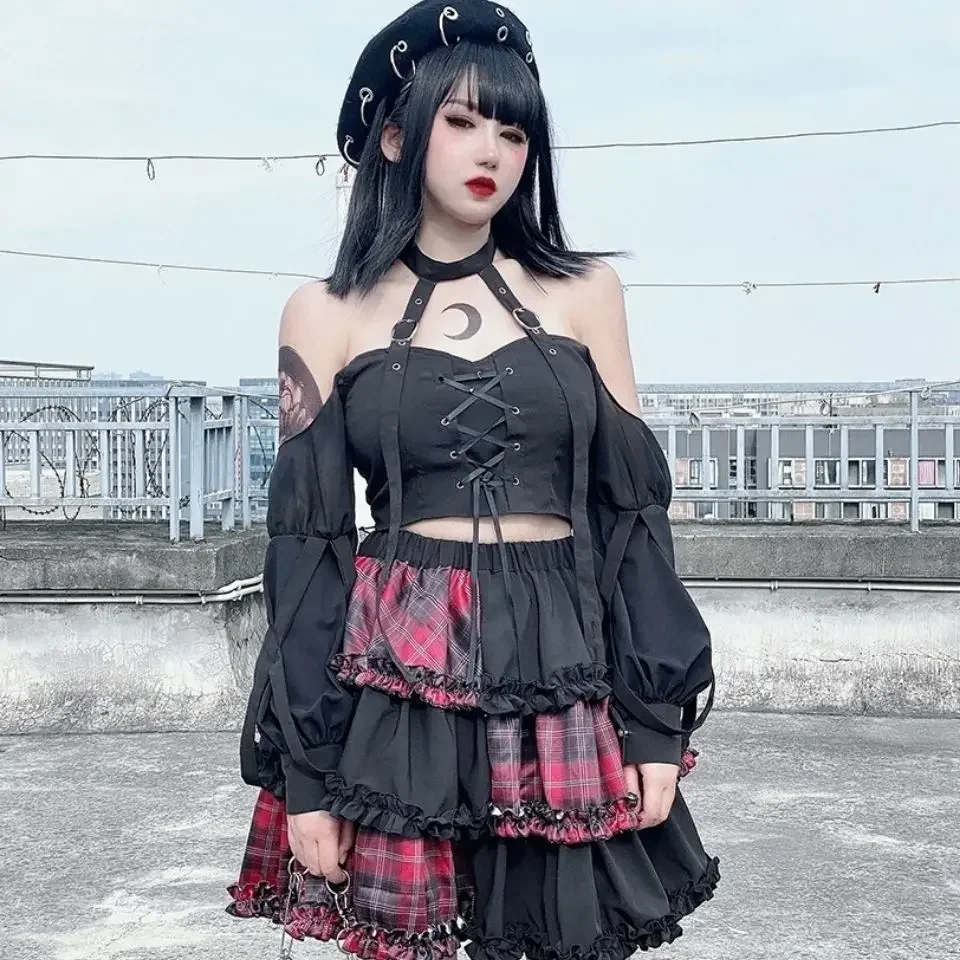 Two-dimensional Dark Petticoat Cosplay Red Plaid Stitching High Waist A-line Skirt Punk Spice Girl Rock Skirt Harajuku Skirt