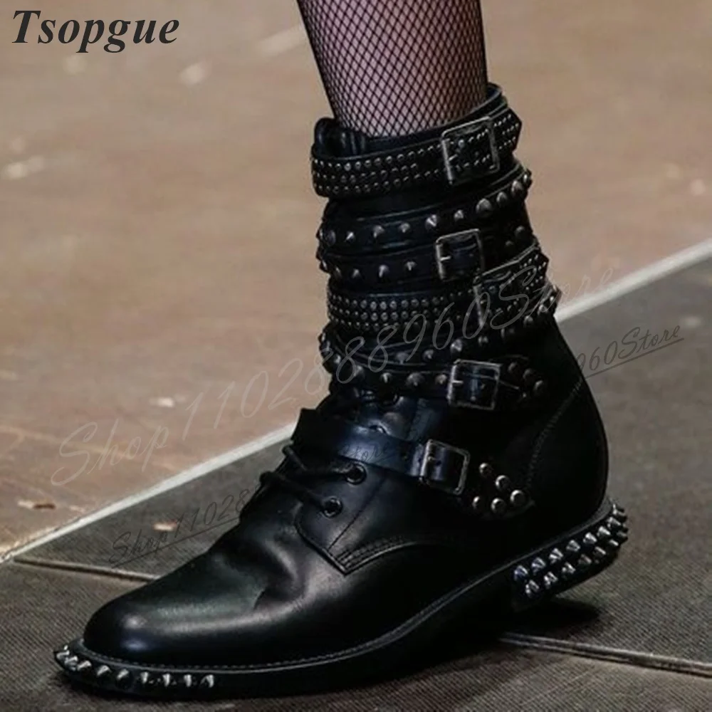 

Stylish Black Mid Calf Rivet Buckle Strap Boots Flat With Women Shoes Cross Tied Round Toe 2024 Fashionable Zapatos Para Mujere