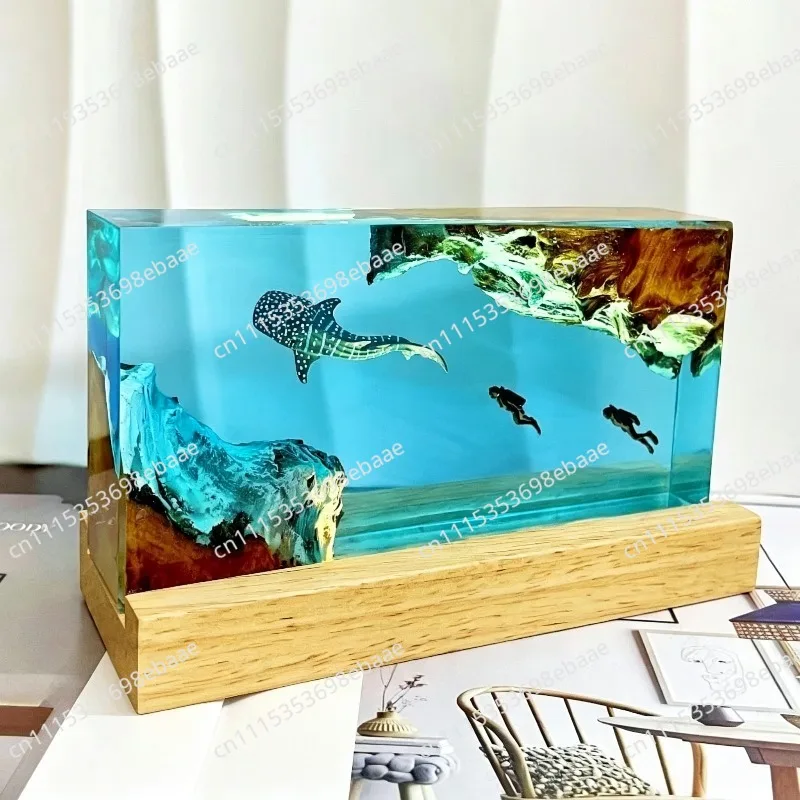 Whale shark and diver, resin night light, scuba diving deep sea exploration personalized wood lamp home decoration gift