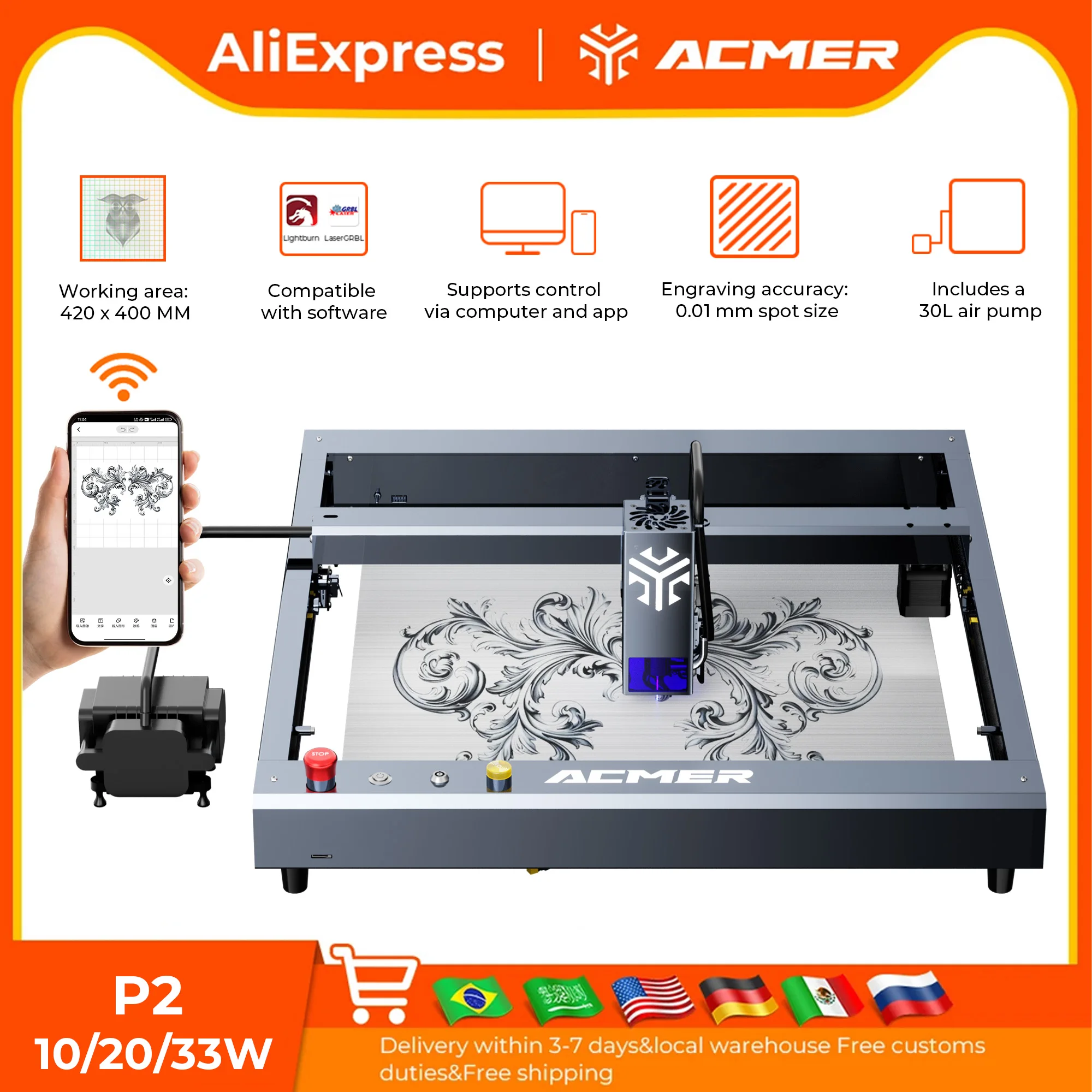 

ACMER P2 Laser Engraving Machine 10/20/33W Wood Working CNC Cutting with 30L Air-assisted Pump 420x400mm Working Area Gift