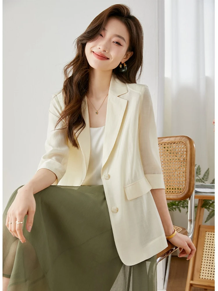VIMLY Casual Lyocell Suit Blazer Donna 2025 Autunno Moda Trasparente Leggero Manica a tre quarti Office Ladies Blazer