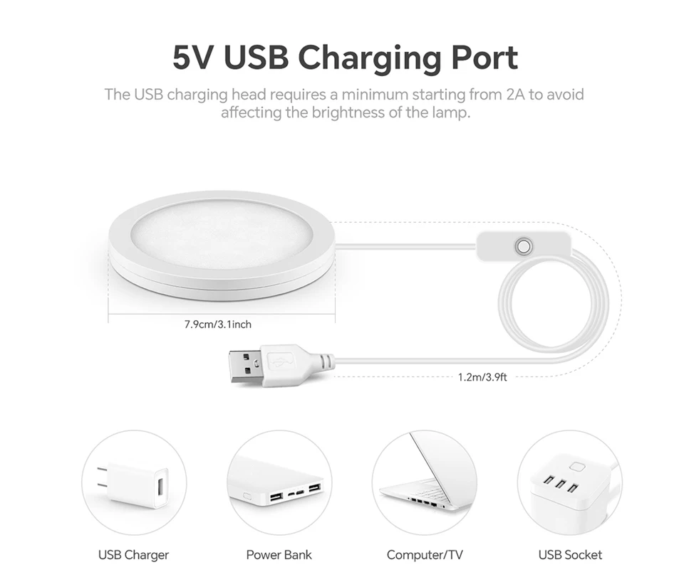 Small USB Power Round LED Night Light Button Switch LED Puck Ceiling Lights Reading Night Lamp Three Light Colors Available