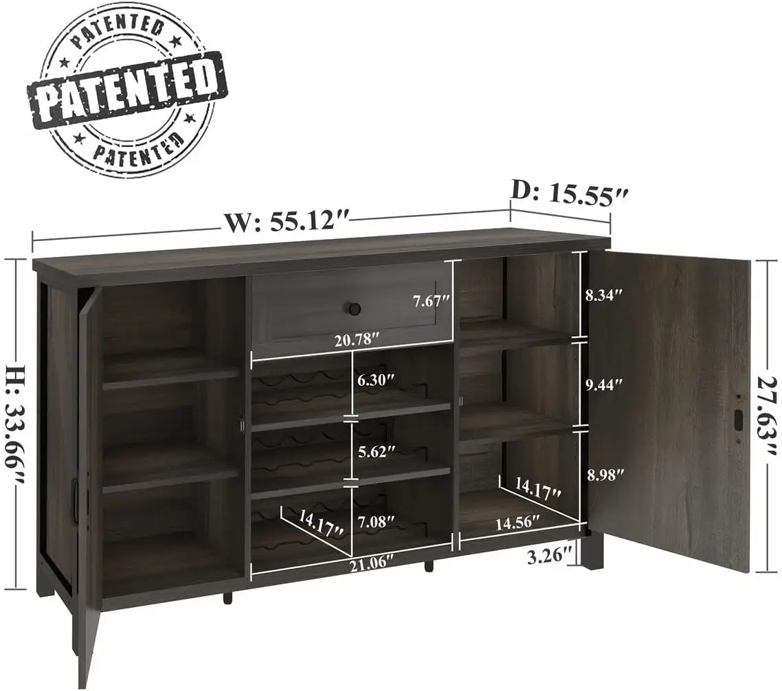 Industrial Coffee Bar Cabinet with Drawer and Wine Rack, Sideboard Buffet Storage Cabinet with Door, Farmhouse Credenza Cupboard