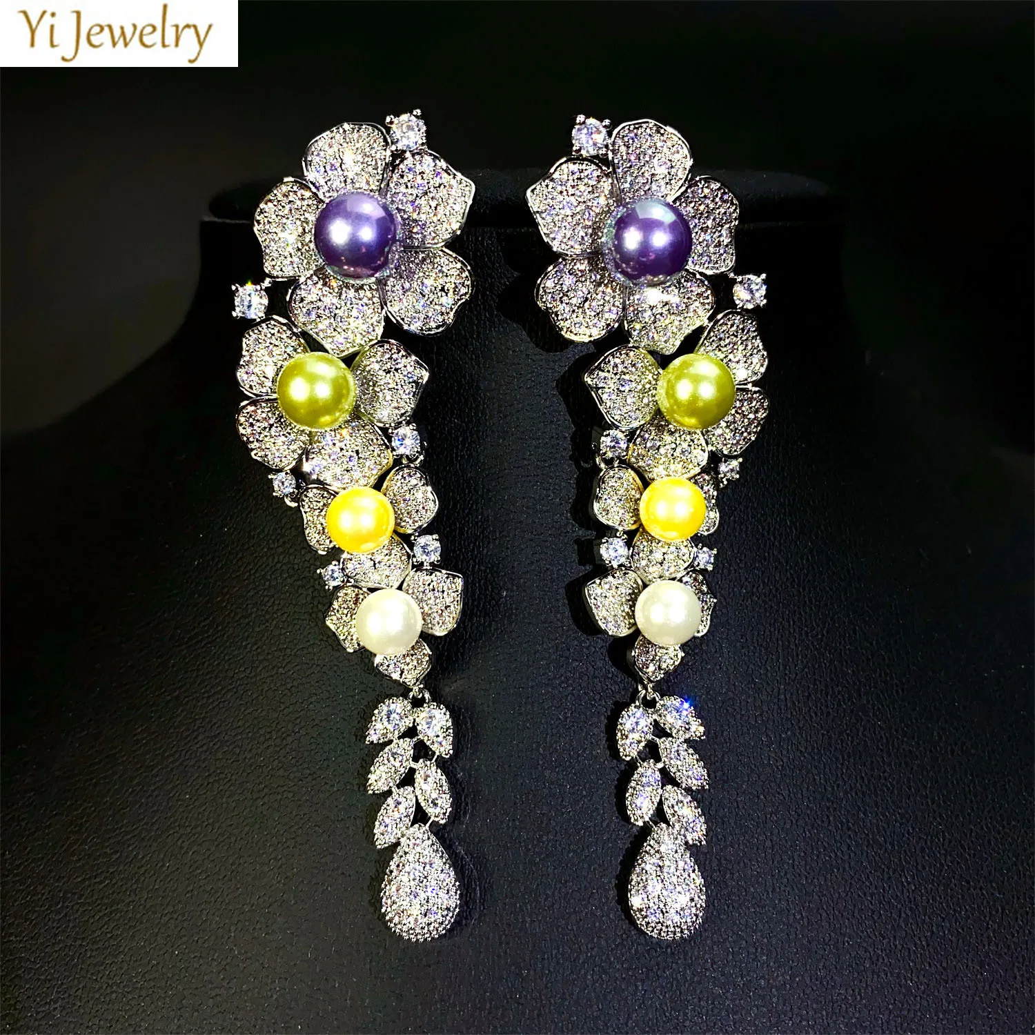 

Flower Pearl Long Pendant Earrings Luxury Jewelry Shiny Zirconia Silver Color Wedding Bride Dinner Party Women Anniversary Gift