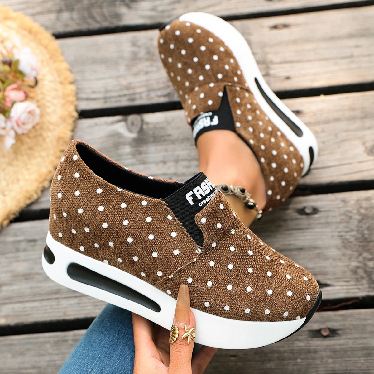 Elastic Collar Polka Dot Print Women Hidden Wedge Shoes Lightweight Platform Casual Loafers Multi‑Color Footwea
