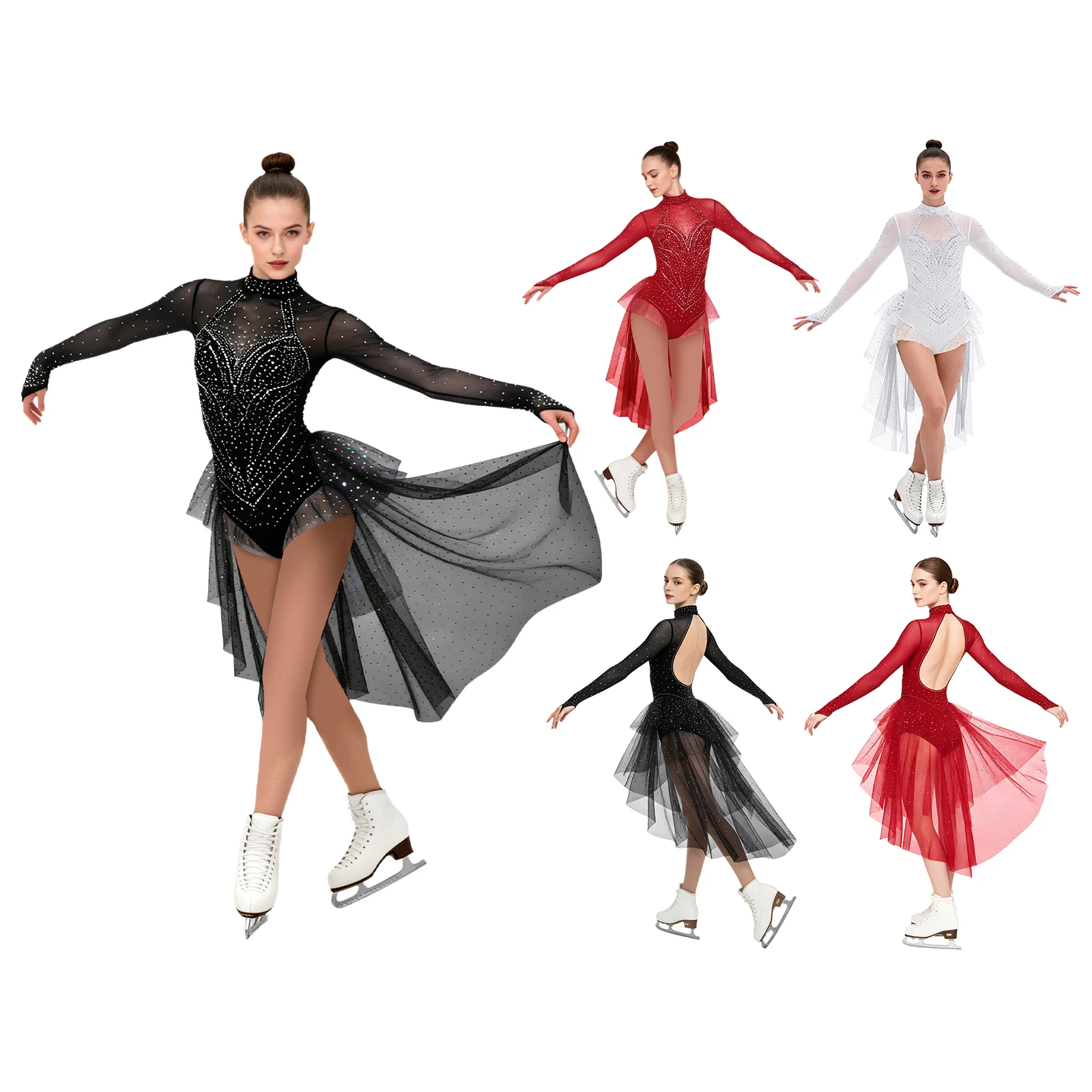 Womens Figure Skating Gymnastic Leotard Latin Tango Modern Dancewear Shiny Rhinestones Long Sleeve Tiered Tulle Skirted Bodysuit