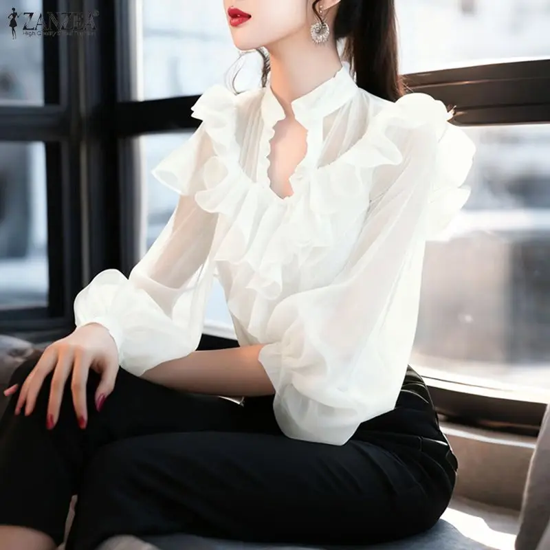 

Шифоновая блузка ZANZEA для женщин, сексуальная блузка с v-образным вырезом и длинными рукавами, однотонная прозрачная повседневная модная рубашка с рюшами, элегантные офисные блузы