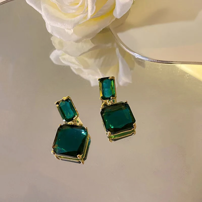 Vintage Jewelry for Women Square Green Crystal Zircon Dangle Earrings for Women Wedding Engagement Earring Valentines Day Gift