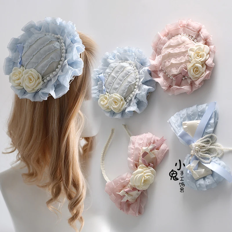 Ribbon Bow Hairband with Hairpins Girls Lolita Lace Ruffled Headband Lolita headdress hair accessories maid headband