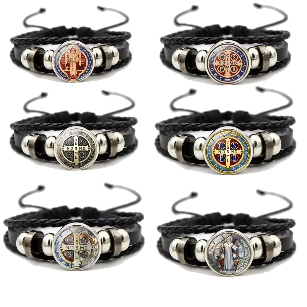 Saint Benedict Medallion Bracelet I LOVE JESUS Glass Art Picture Handcraft Bangle Catholic San Benito Bracelet Jewelry