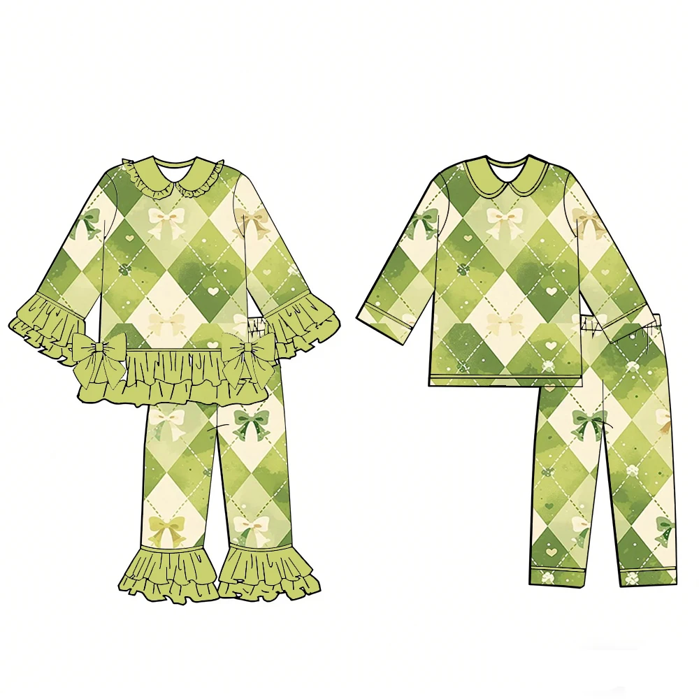 Premium children's pajama set decorated with bows and checkered bow cartoon patterns collar long sleeves trousers